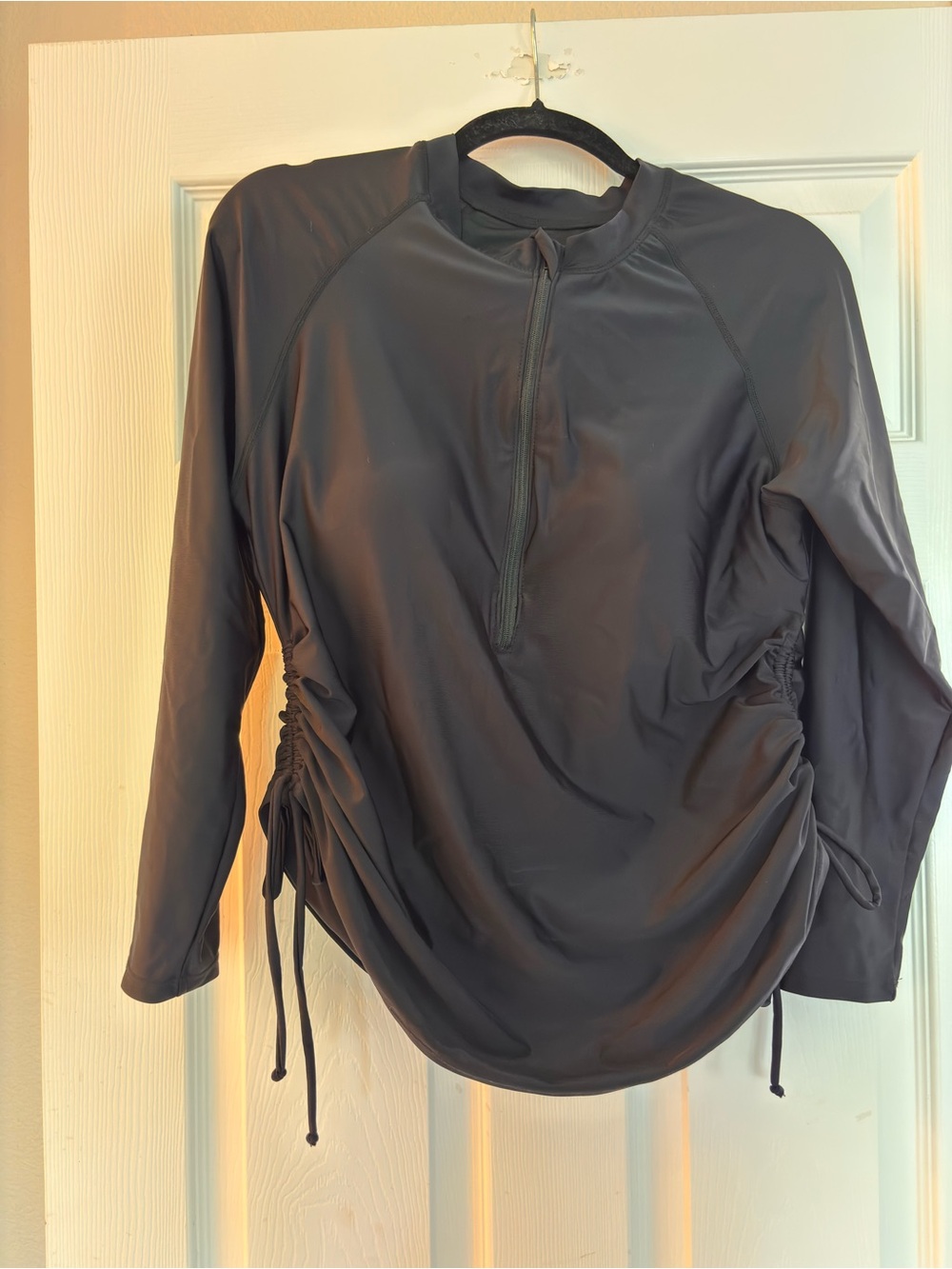 Long Sleeve Ruched Side Swim Top in Black